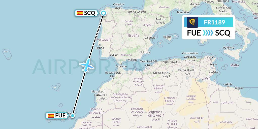 FR1189 Ryanair Flight Map: Fuerteventura to Santiago