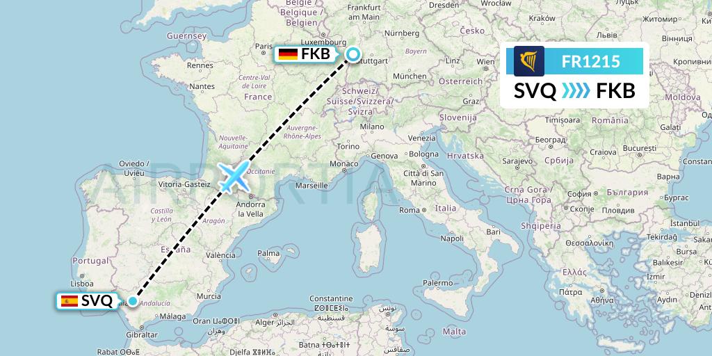 FR1215 Ryanair Flight Map: Seville to Karlsruhe/Baden-Baden
