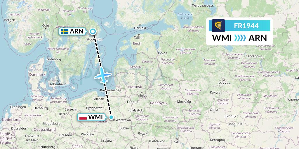 FR1944 Ryanair Flight Map: Warsaw to Stockholm