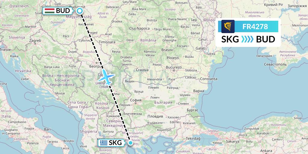 FR4278 Ryanair Flight Map: Thessaloniki to Budapest