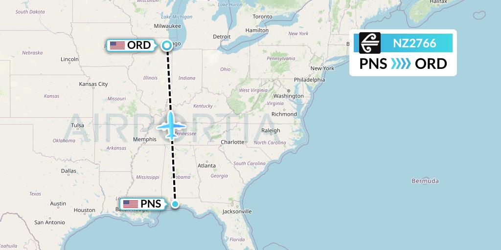 NZ2766 Air New Zealand Flight Map: Pensacola to Chicago