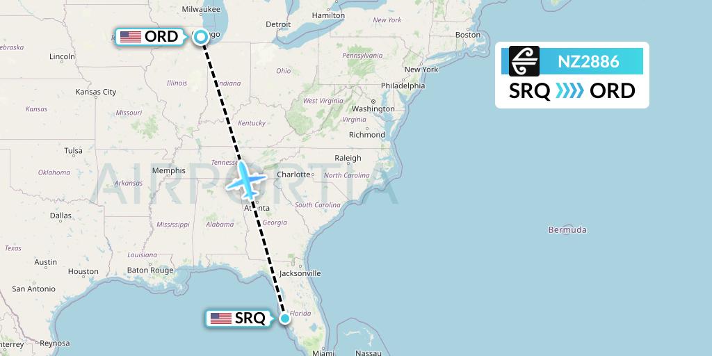 NZ2886 Air New Zealand Flight Map: Sarasota to Chicago