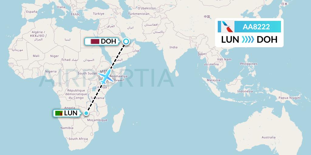 AA8222 American Airlines Flight Map: Lusaka to Doha