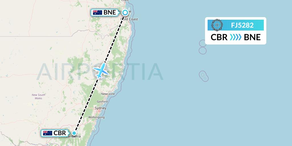 FJ5282 Fiji Airways Flight Map: Canberra to Brisbane