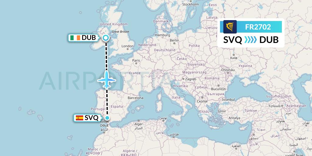 FR2702 Ryanair Flight Map: Seville to Dublin
