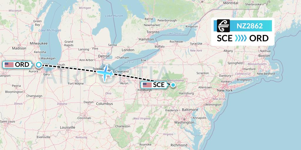 NZ2862 Air New Zealand Flight Map: State College to Chicago