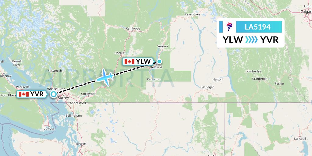 LA5194 LAN Airlines Flight Map: Kelowna to Vancouver