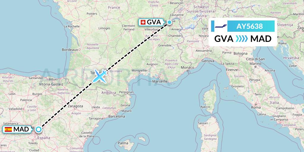 AY5638 Finnair Flight Map: Geneva to Madrid