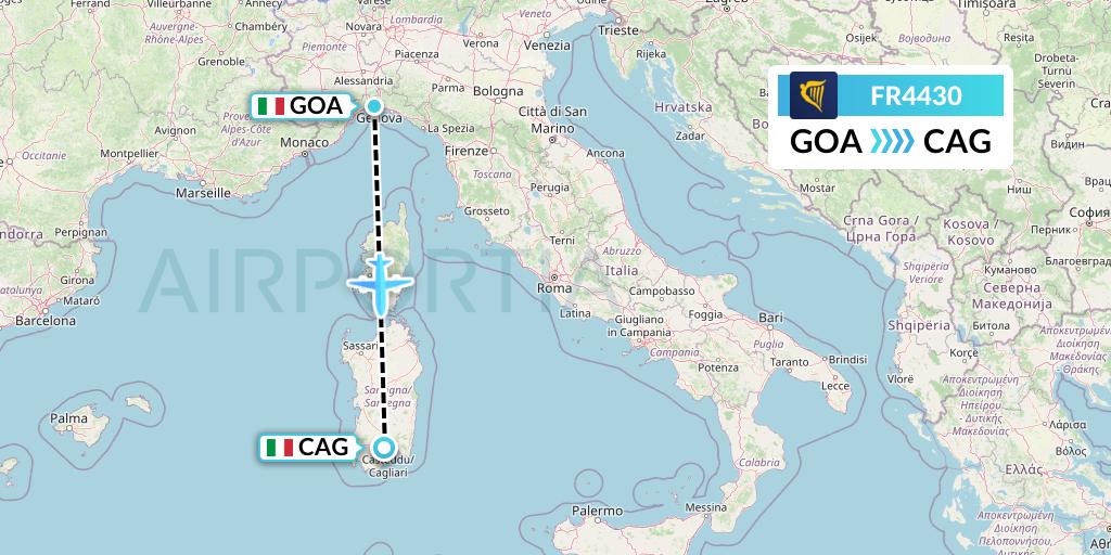 FR4430 Ryanair Flight Map: Genoa to Cagliari
