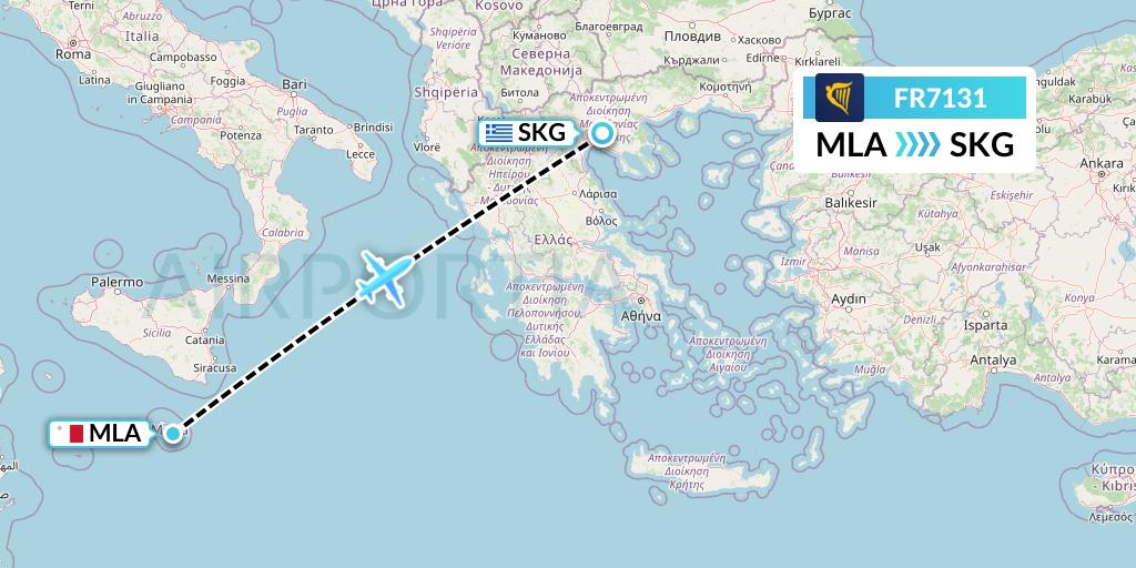 FR7131 Ryanair Flight Map: Malta to Thessaloniki