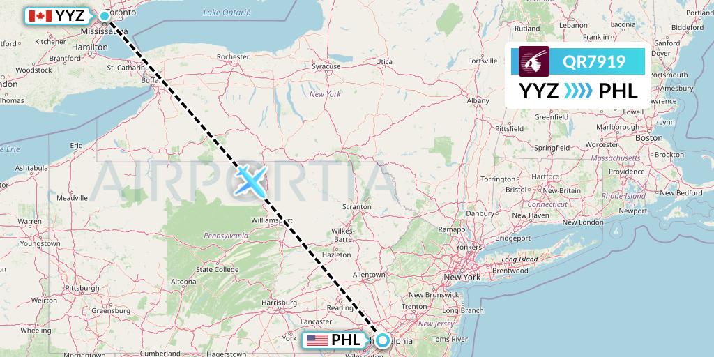 QR7919 Qatar Airways Flight Map: Toronto to Philadelphia
