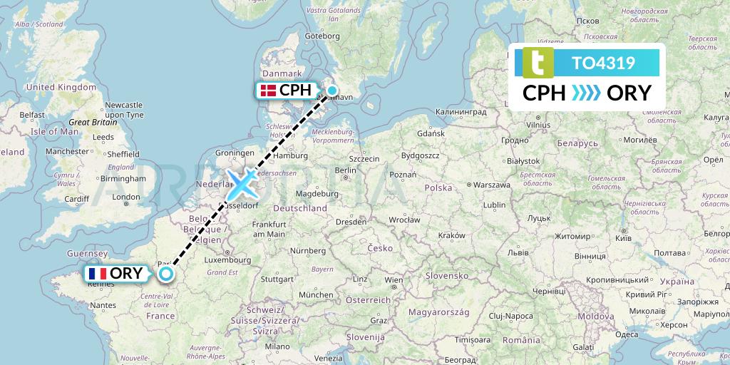TO4319 Transavia France Flight Map: Copenhagen to Paris
