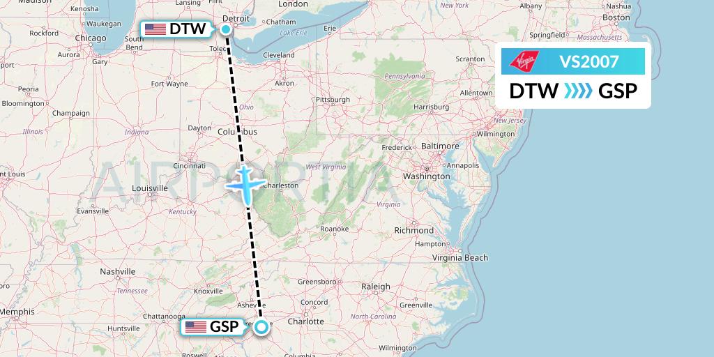 VS2007 Virgin Atlantic Airways Flight Map: Detroit to Greenville-Spartanburg