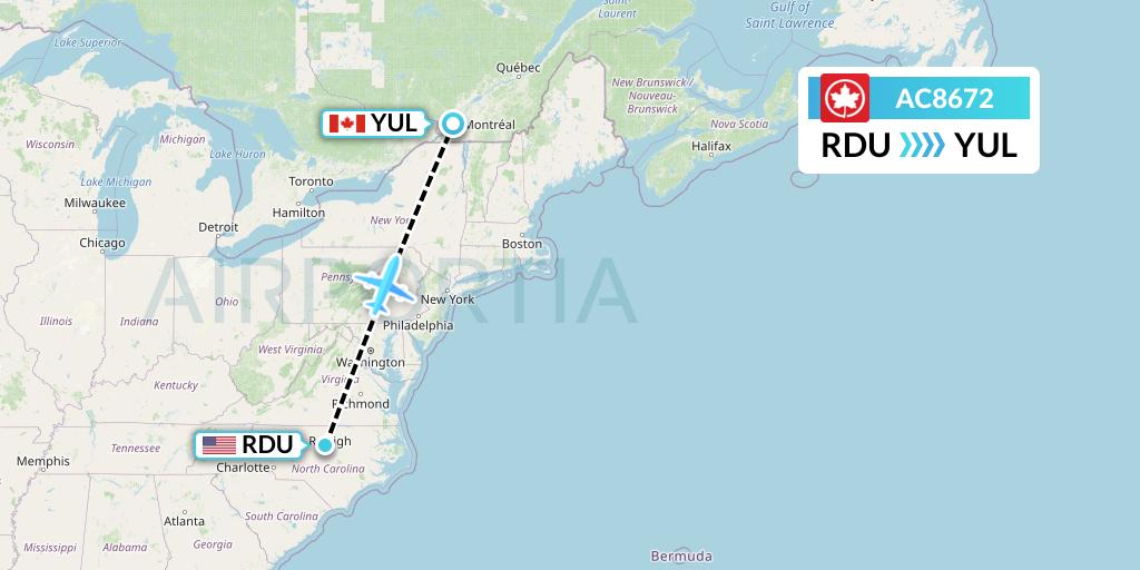 AC8672 Air Canada Flight Map: Raleigh-Durham to Montreal