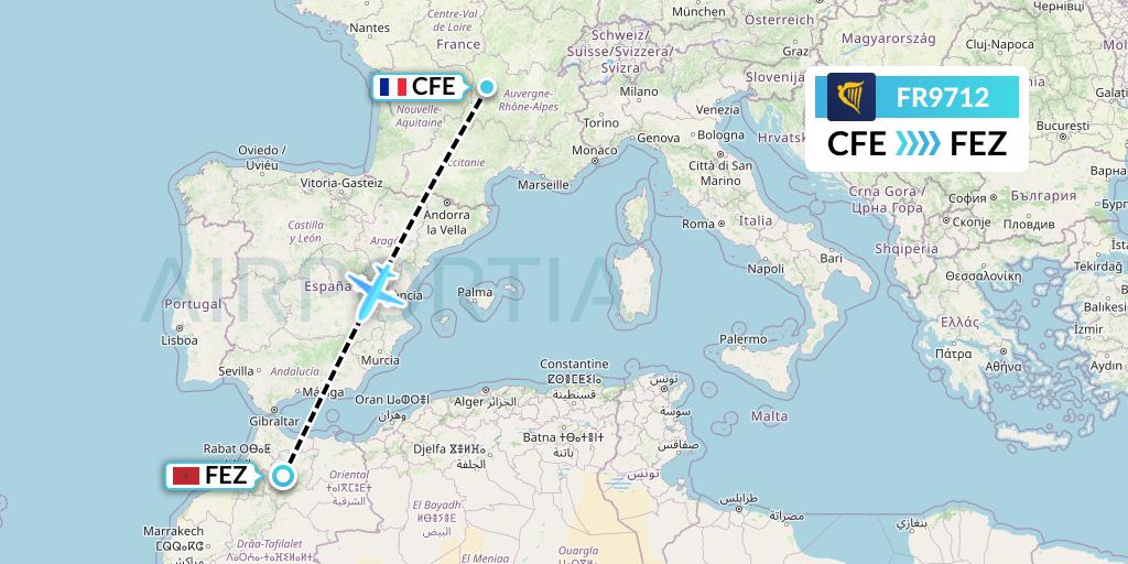 FR9712 Ryanair Flight Map: Clermont-Ferrand to Fes