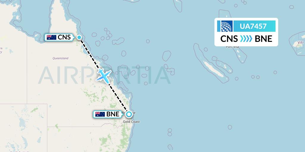 UA7457 United Airlines Flight Map: Cairns to Brisbane