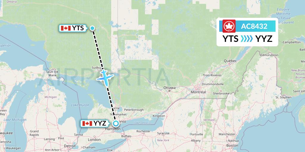 AC8432 Air Canada Flight Map: Timmins to Toronto
