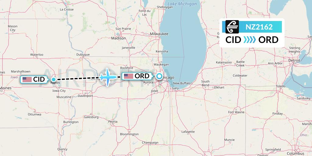NZ2162 Air New Zealand Flight Map: Cedar Rapids to Chicago