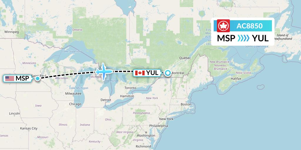 AC8850 Air Canada Flight Map: Minneapolis to Montreal