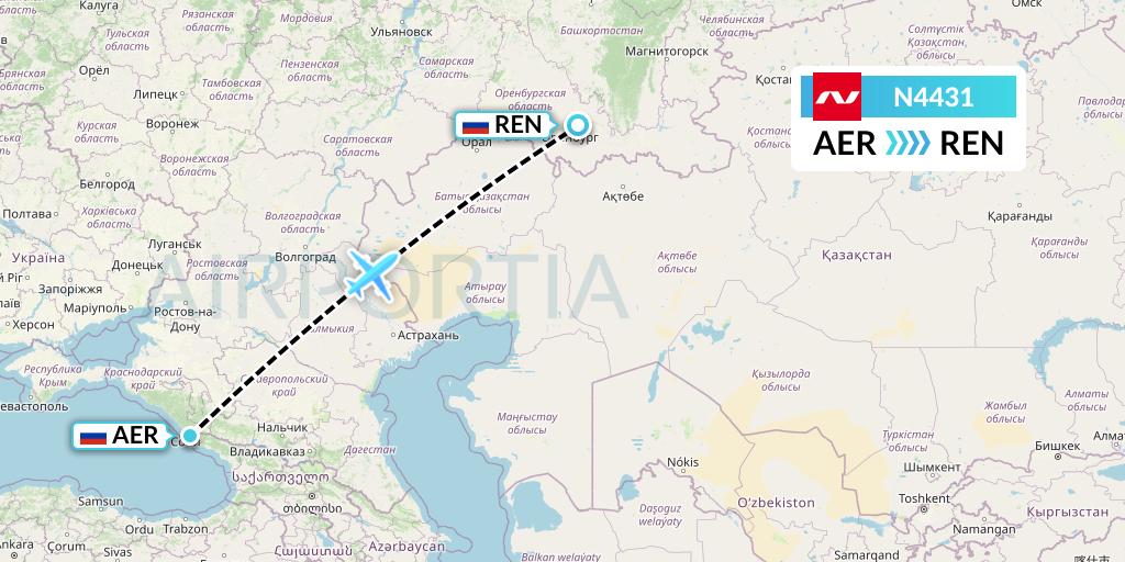 N4431 Nordwind Airlines Flight Map: Sochi to Orenburg