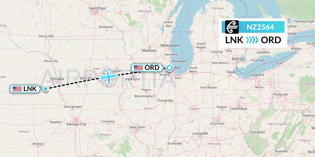 NZ2564 Air New Zealand Flight Map: Lincoln to Chicago