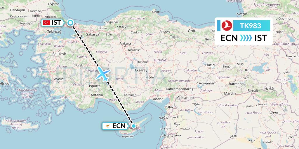TK983 Turkish Airlines Flight Map: Tymvou to Istanbul