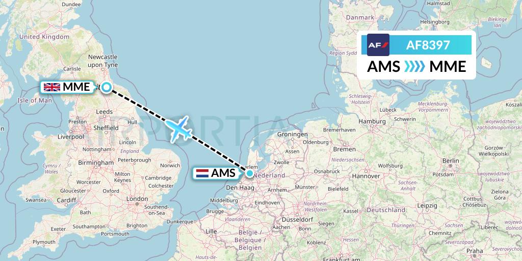 AF8397 Air France Flight Map: Amsterdam to Darlington