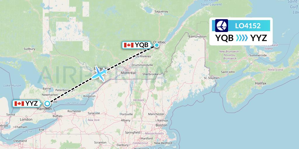 LO4152 LOT Flight Map: Quebec to Toronto