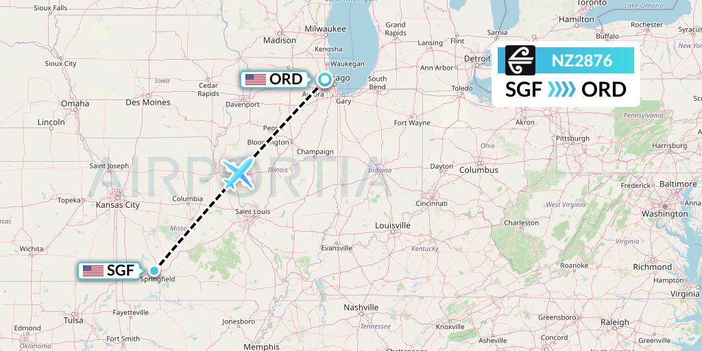NZ2876 Air New Zealand Flight Map: Springfield to Chicago