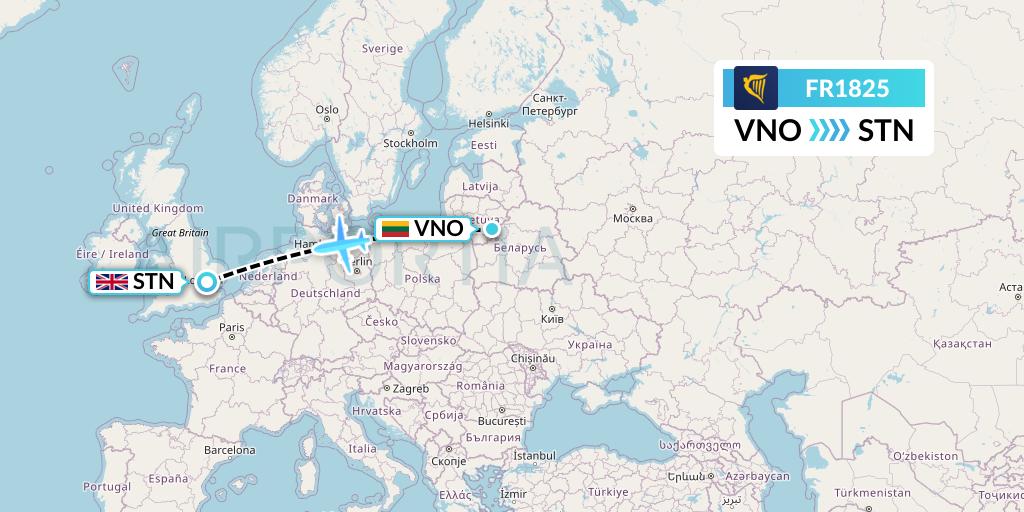 FR1825 Ryanair Flight Map: Vilnius to London