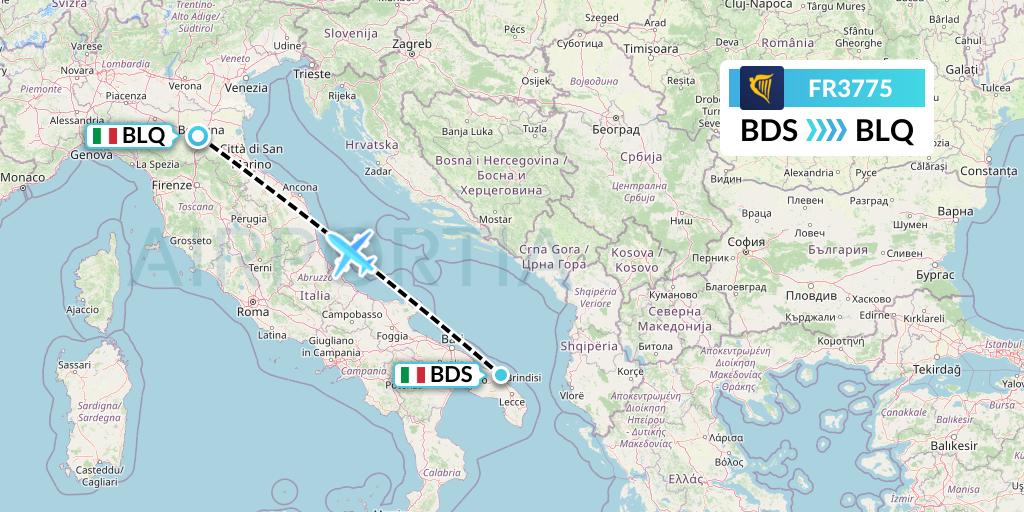 FR3775 Ryanair Flight Map: Brindisi to Bologna