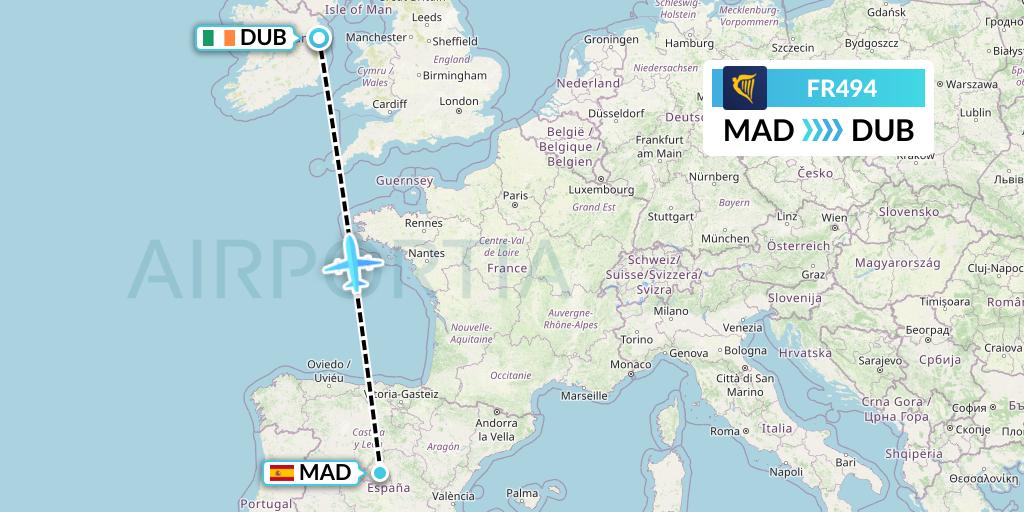 FR494 Ryanair Flight Map: Madrid to Dublin