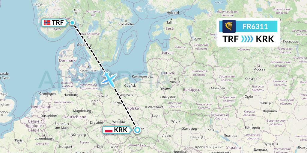 FR6311 Ryanair Flight Map: Oslo to Krakow