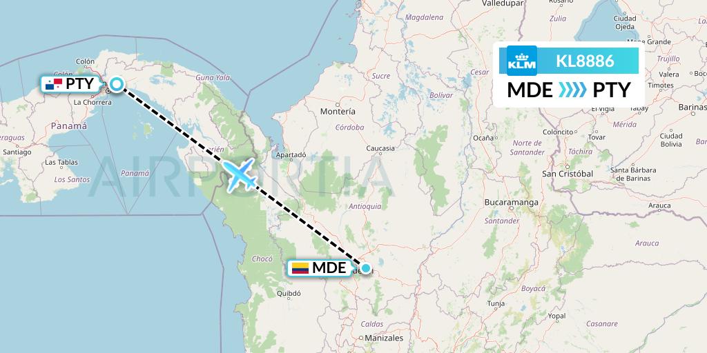 KL8886 KLM Flight Map: Medellin to Panama City