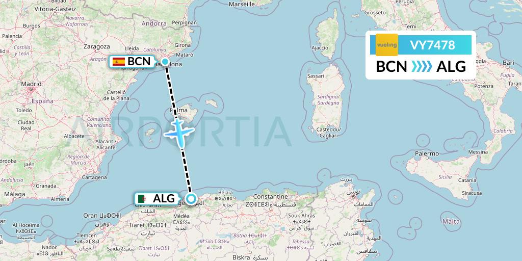 VY7478 Vueling Flight Map: Barcelona to Algiers