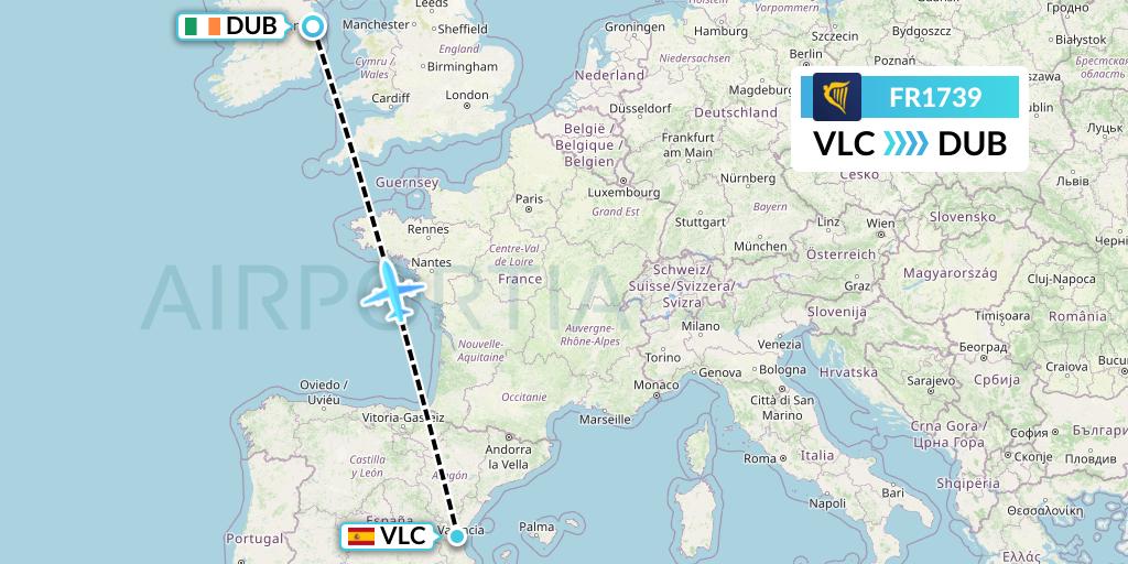 FR1739 Ryanair Flight Map: Valencia to Dublin