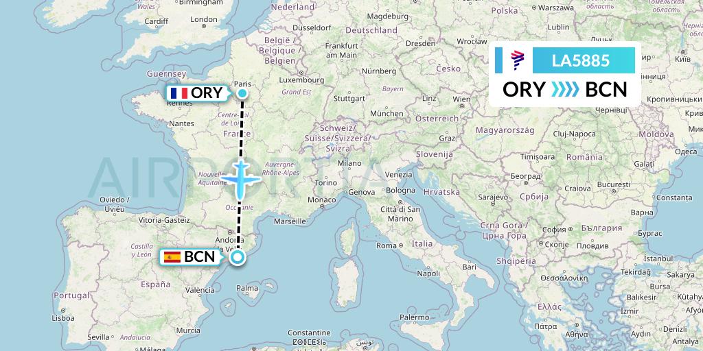 LA5885 LAN Airlines Flight Map: Paris to Barcelona