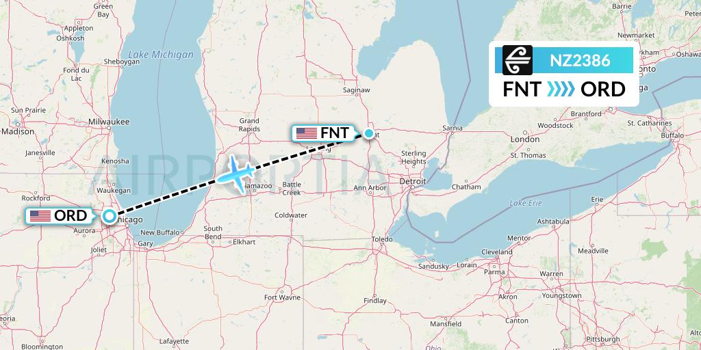 NZ2386 Air New Zealand Flight Map: Flint to Chicago