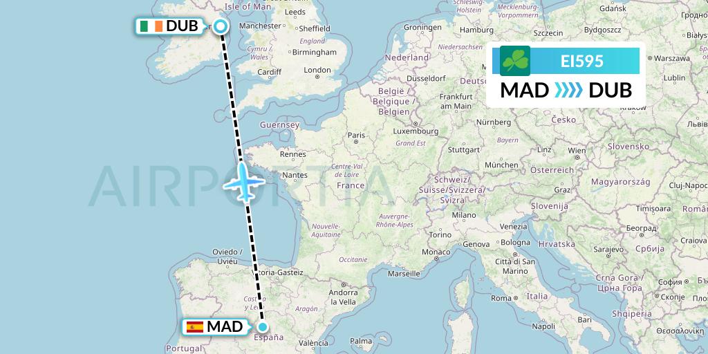 EI595 Aer Lingus Flight Map: Madrid to Dublin