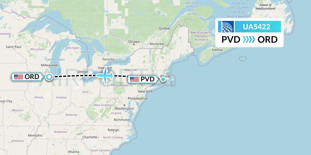 UA5422 United Airlines Flight Map: Providence to Chicago