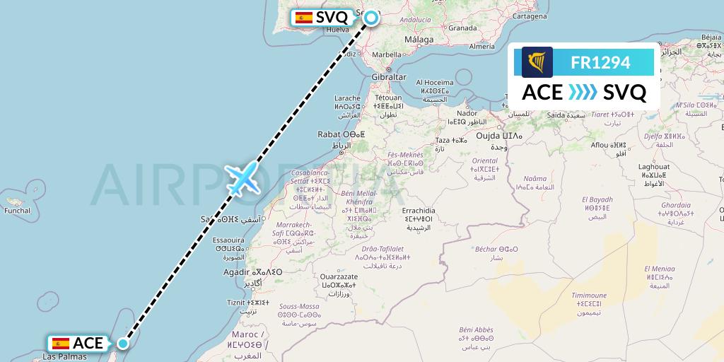 FR1294 Ryanair Flight Map: Lanzarote to Seville