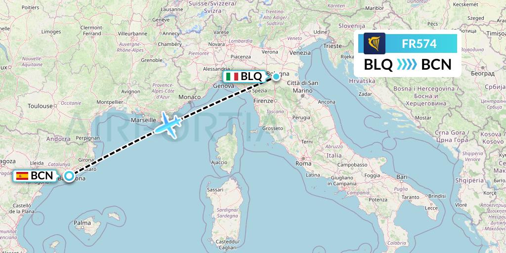 FR574 Ryanair Flight Map: Bologna to Barcelona