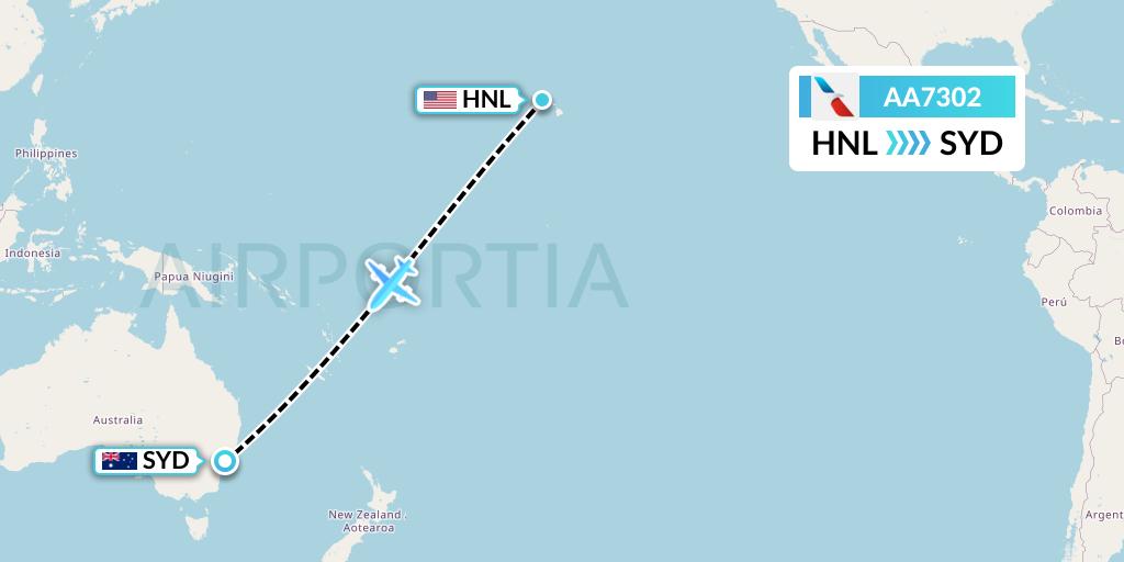 AA7302 American Airlines Flight Map: Honolulu to Sydney