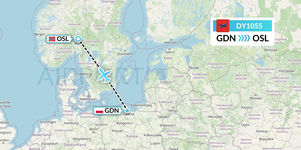 DY1055 Norwegian Flight Map: Gdansk to Oslo