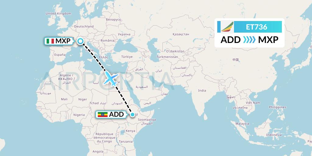 ET736 Ethiopian Airlines Flight Map: Addis Ababa to Milan