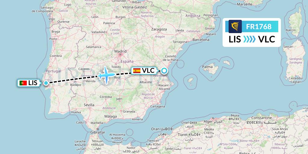 FR1768 Ryanair Flight Map: Lisbon to Valencia
