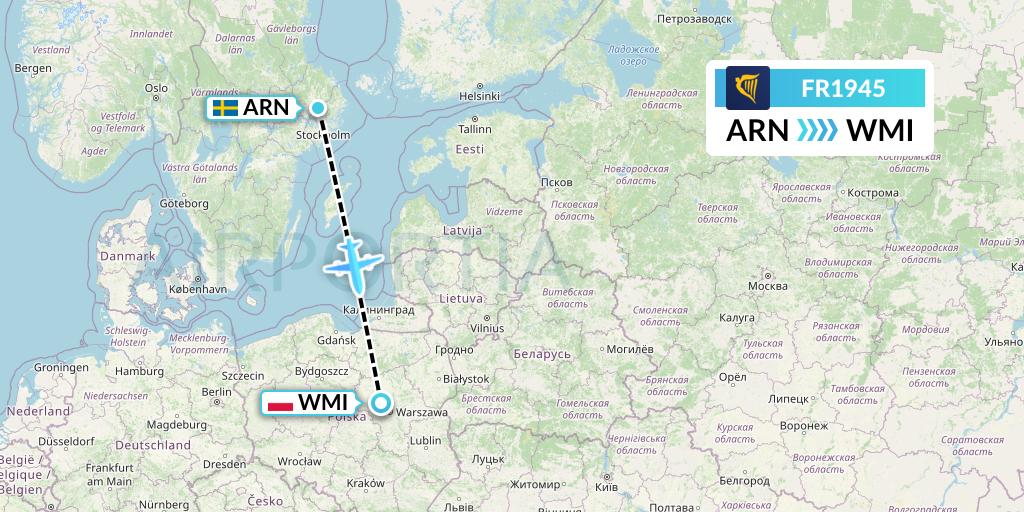 FR1945 Ryanair Flight Map: Stockholm to Warsaw