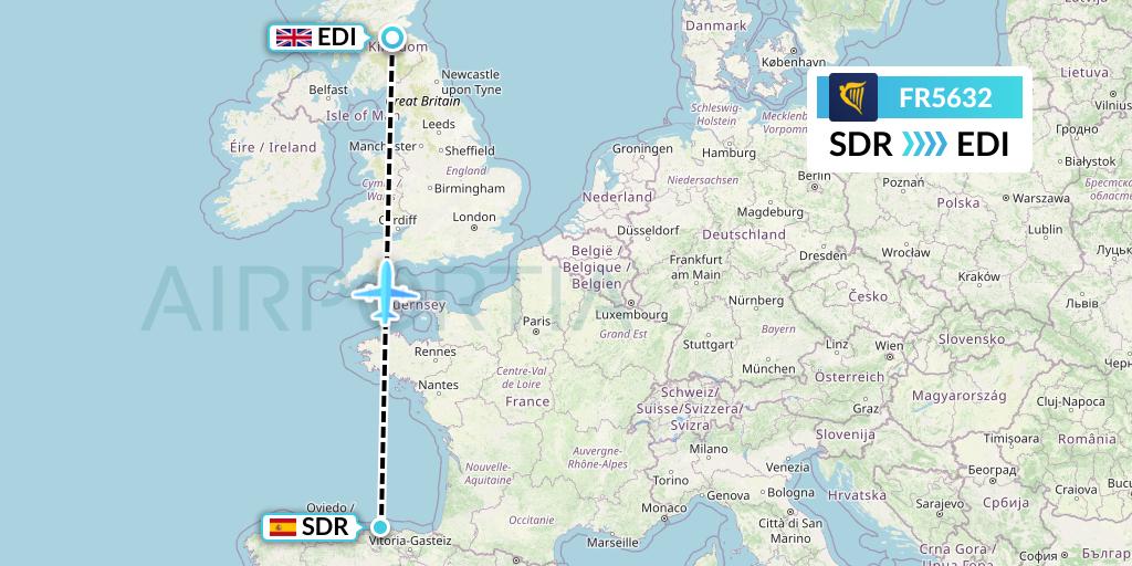 FR5632 Ryanair Flight Map: Santander to Edinburgh
