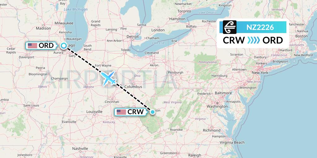 NZ2226 Air New Zealand Flight Map: Charleston to Chicago