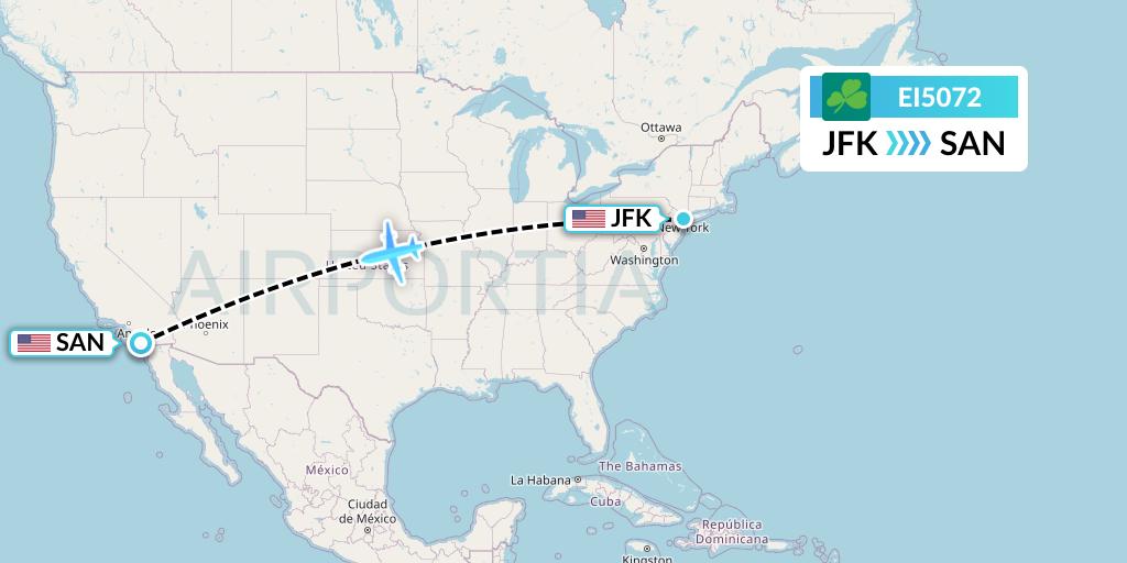 EI5072 Aer Lingus Flight Map: New York to San Diego